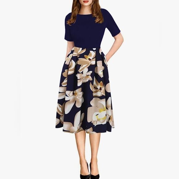 🩵NWOT Blue & Floral Print w/Pockets Dress Small - Picture 1 of 12